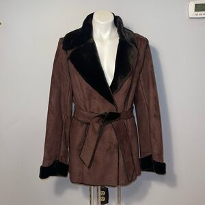 Wilson’s Leather ladies brown vegan suede & faux fur coat. Worn < 5 times. Large
